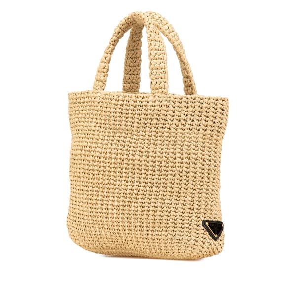Pre-owned Prada Small Raffia Effect Crochet Embroidered Logo Tote Brown