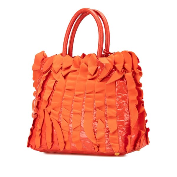 Pre-owned Prada Vernice and Tessuto Ruffle Tote Orange