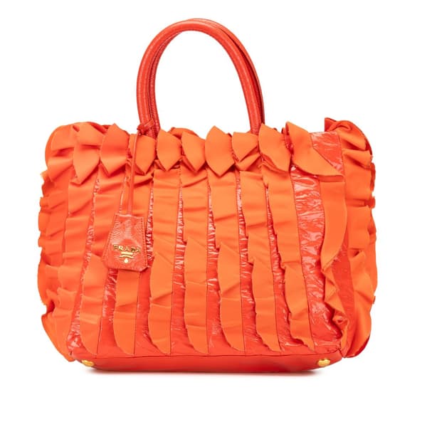 Pre-owned Prada Vernice and Tessuto Ruffle Tote Orange