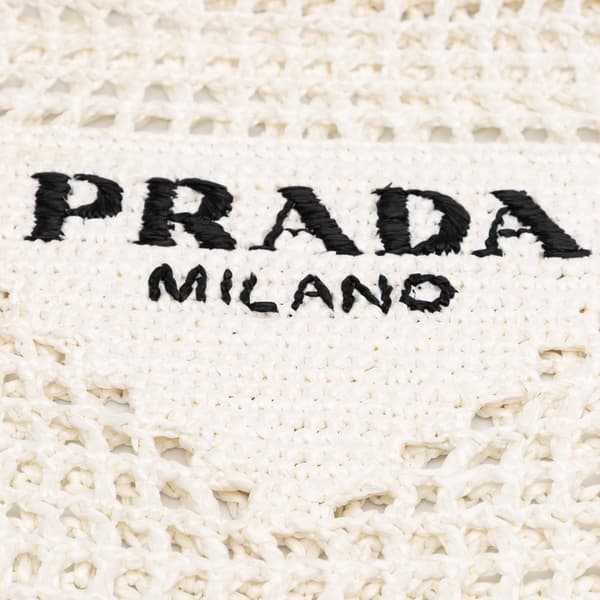 Pre-owned Prada Raffia Effect Crochet Logo Embroidered Tote White