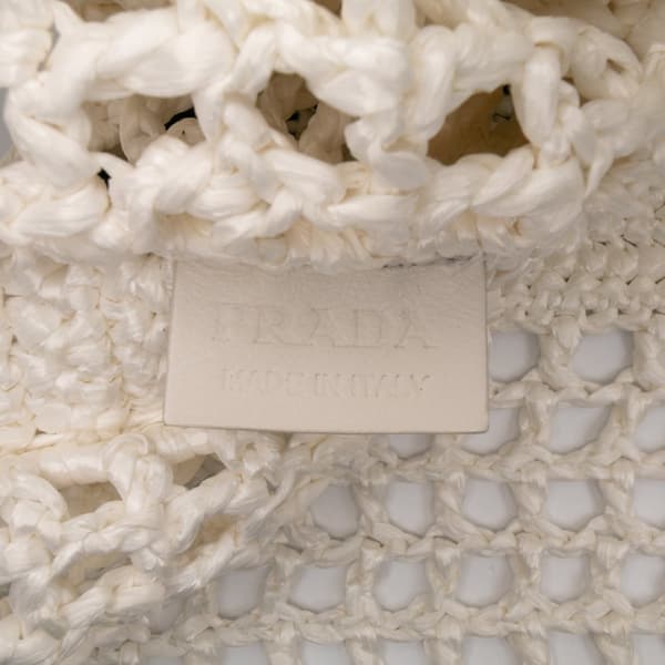 Pre-owned Prada Raffia Effect Crochet Logo Embroidered Tote White