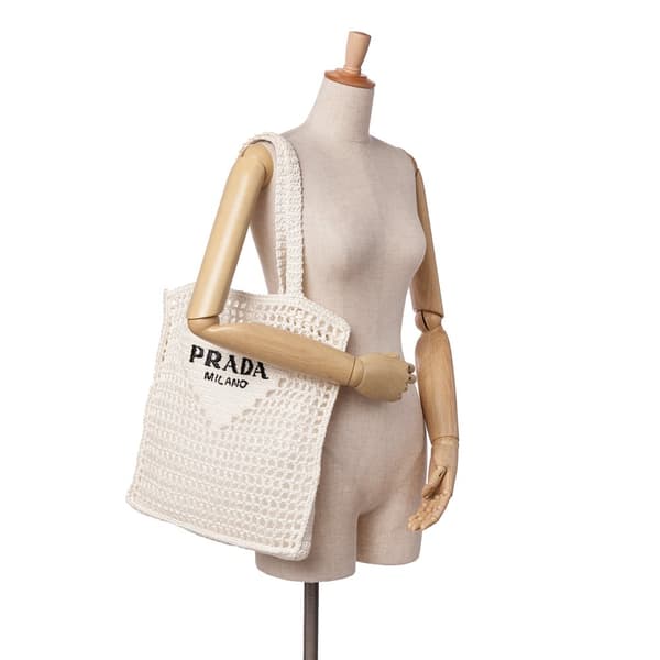 Pre-owned Prada Raffia Effect Crochet Logo Embroidered Tote White