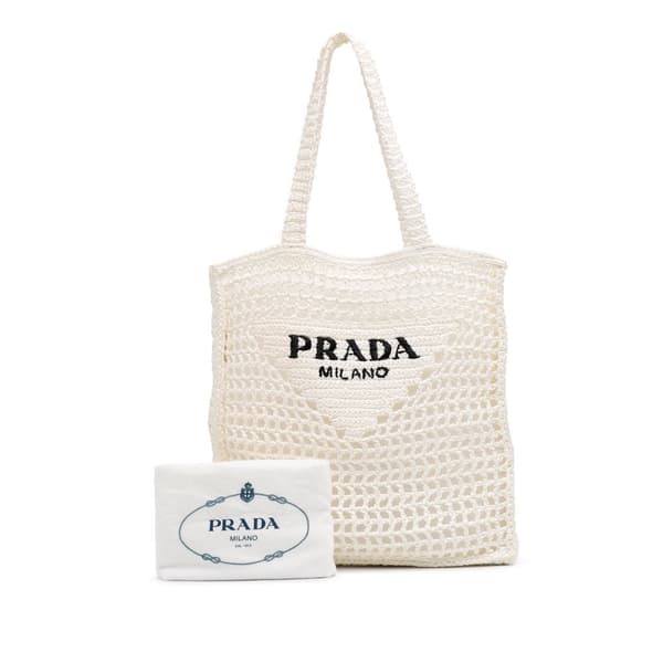 Pre-owned Prada Raffia Effect Crochet Logo Embroidered Tote White