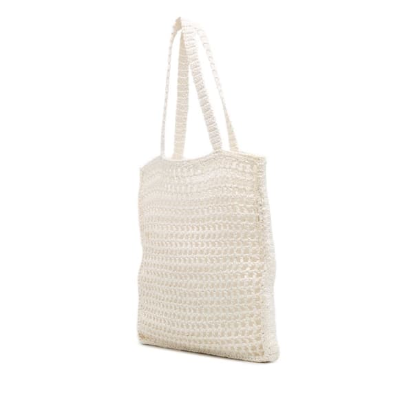 Pre-owned Prada Raffia Effect Crochet Logo Embroidered Tote White