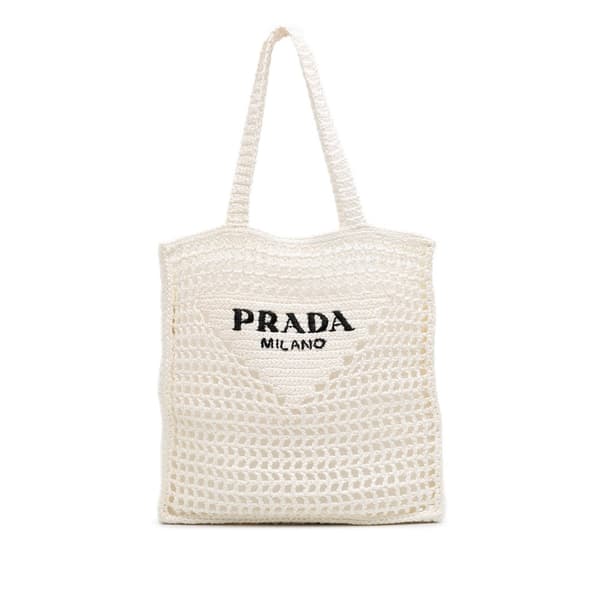 Pre-owned Prada Raffia Effect Crochet Logo Embroidered Tote White