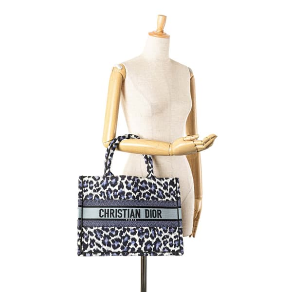 Pre-owned Dior Mizza Medium Embroidered Canvas Leopard Book Tote Blue
