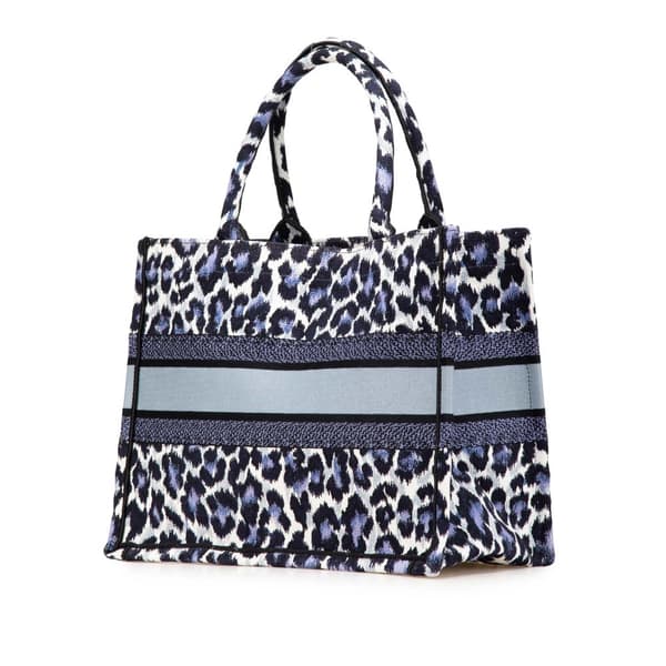 Pre-owned Dior Mizza Medium Embroidered Canvas Leopard Book Tote Blue
