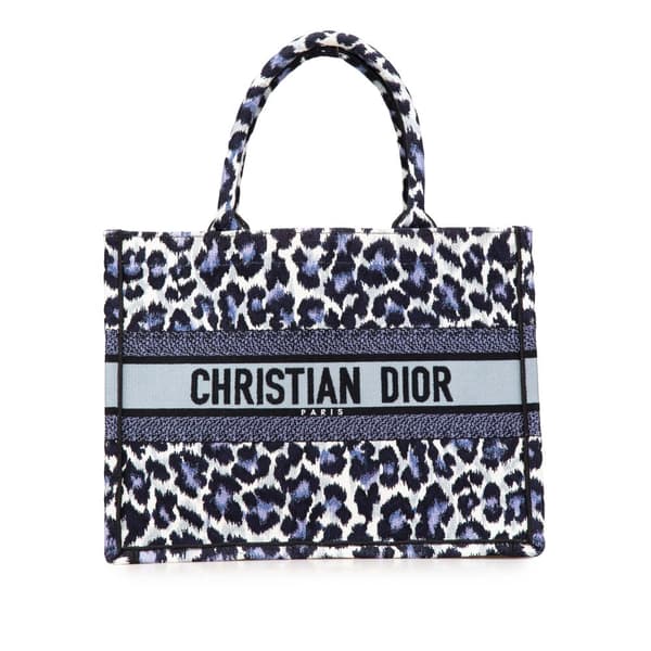 Pre-owned Dior Mizza Medium Embroidered Canvas Leopard Book Tote Blue