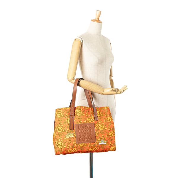 Pre-owned LOEWE Paulas Ibiza Canvas Floral Print Tote Orange