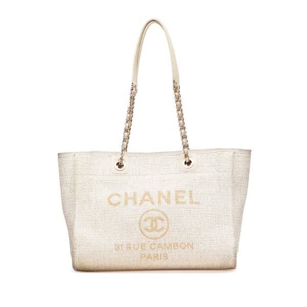 Pre-owned Chanel Small Lurex Boucle Deauville Tote White