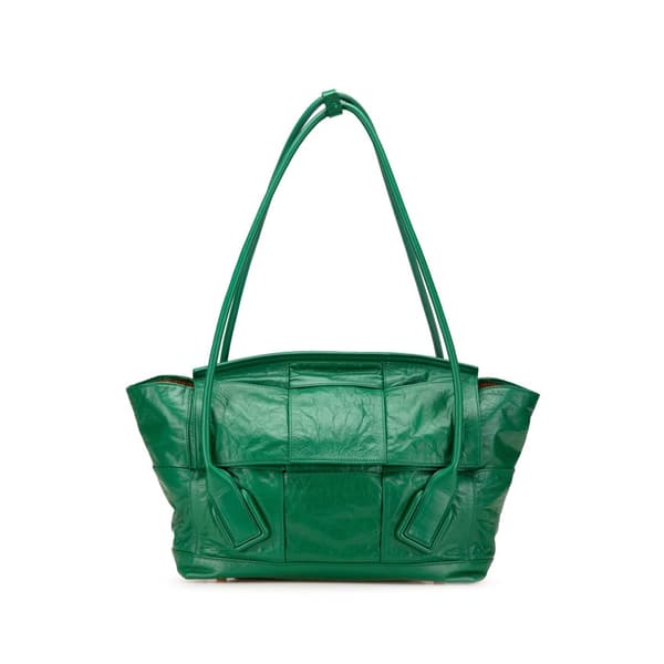 Pre-owned Bottega Veneta Medium Calfskin Maxi Intrecciato Arco Slouch Tote Green