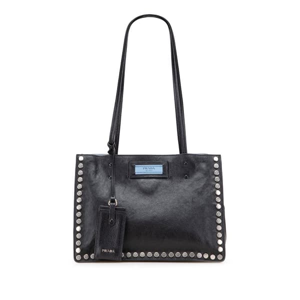 Pre-owned Prada Glace Calf Studded Etiquette Tote Black