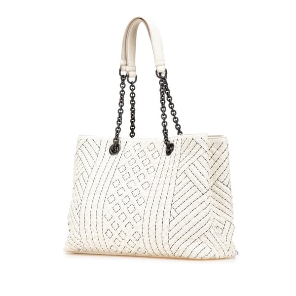 Pre-owned Bottega Veneta Medium Intrecciato Stitched Double Chain Tote White