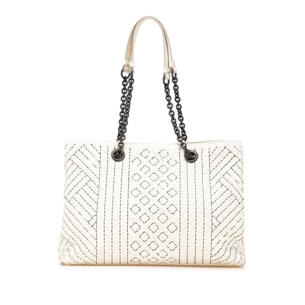 Pre-owned Bottega Veneta Medium Intrecciato Stitched Double Chain Tote White