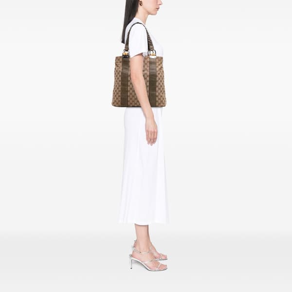 Pre-owned Gucci Large GG Canvas Bamboo Libeccio Tote Brown