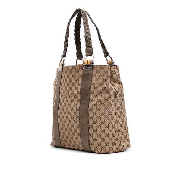 Pre-owned Gucci Large GG Canvas Bamboo Libeccio Tote Brown