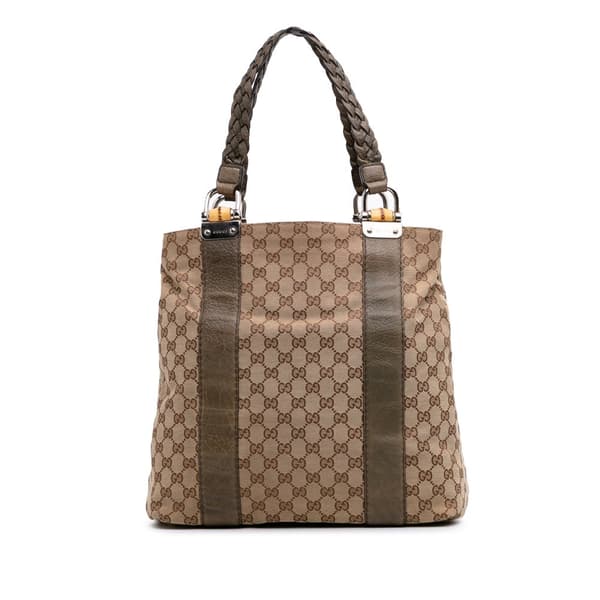 Pre-owned Gucci Large GG Canvas Bamboo Libeccio Tote Brown