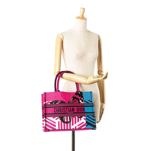 Pre-owned Dior Medium Embroidered Canvas Butterfly D Jungle Pop Book Tote Pink