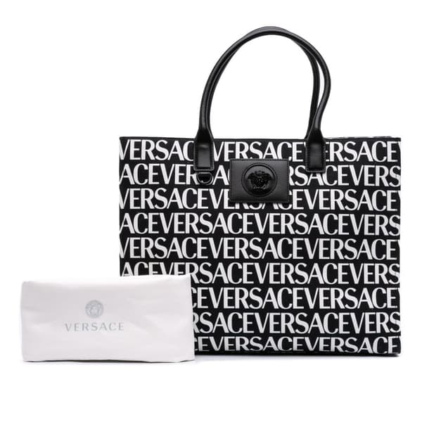Pre-owned Versace Canvas Logo Print Tote Black