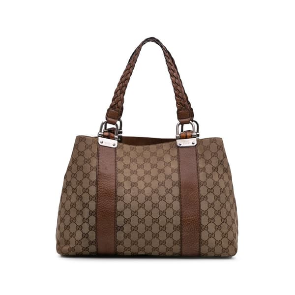 Pre-owned Gucci Medium GG Canvas Bamboo Libeccio Tote Brown