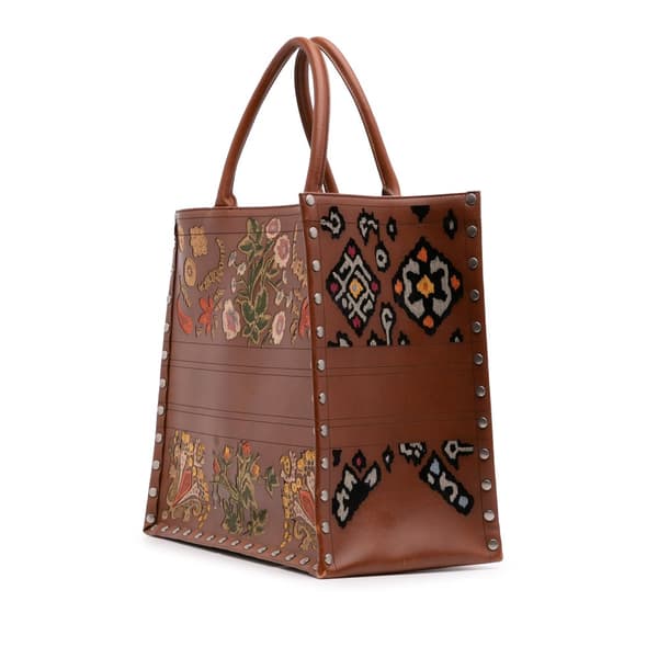 Pre-owned Dior Large Studded Embroidered Leather Floral Book Tote Brown