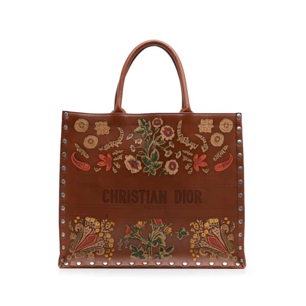 Pre-owned Dior Large Studded Embroidered Leather Floral Book Tote Brown