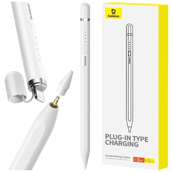 Baseus Smooth Writing 2 penn med aktiv spiss for iPad + USB-A - Lightning-kabel og utskiftbar spiss - hvit
