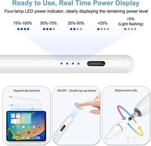 Touch Stylus Pen för iPad (2018-2024), Pixel Precision, Tilt &amp; Palm Rejection, för Android, iPad etc, Vit
