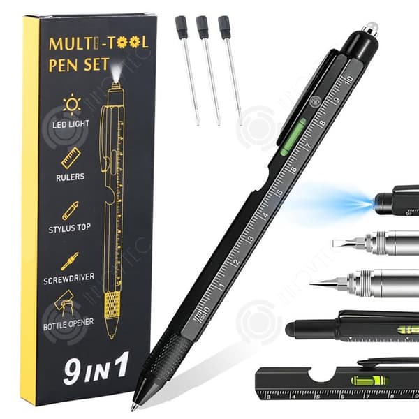 INN Färdighetsset med penna kan fungera som en kapsylöppnare, stylus för pekskärm, LED-ljusnivå, linjal och skruvmejsel i ett pennset.