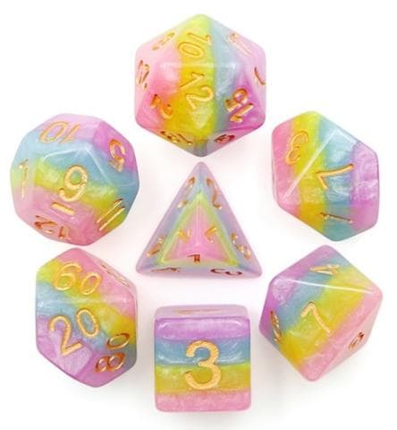 7 st tärningar Rollspel MULTI LAYER PURPLE, BLUE, YELLOW AND PINK