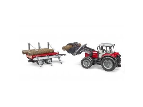 Bruder Massey Ferguson 7480 tractor with frontloader and timber trailer toy