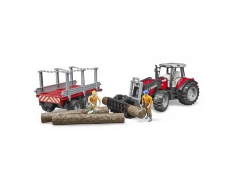Bruder Massey Ferguson 7480 tractor with frontloader and timber trailer toy