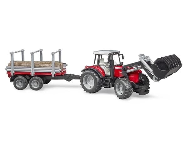 Bruder Massey Ferguson 7480 tractor with frontloader and timber trailer toy