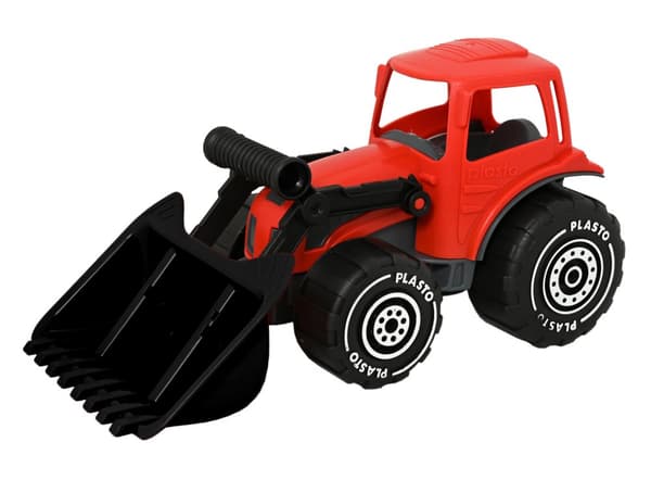Traktor med frontlaster, lengde 32 cm. Farge rød - svart.