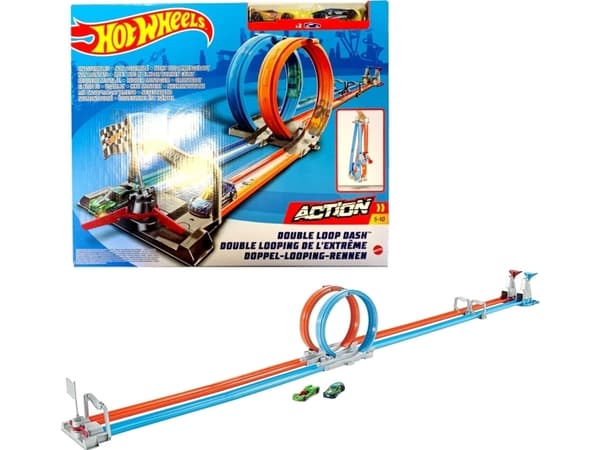Hot Wheels Action Double Loop Dash, track set, Kjøretøy og banesett, 5 år, Plast, Blå, Oransje
