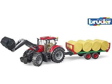 Bruder Case IH Optum 300 CVX with frontloader with bale transport trailer toy