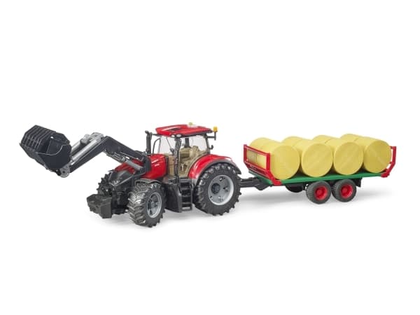 Bruder Case IH Optum 300 CVX with frontloader with bale transport trailer toy