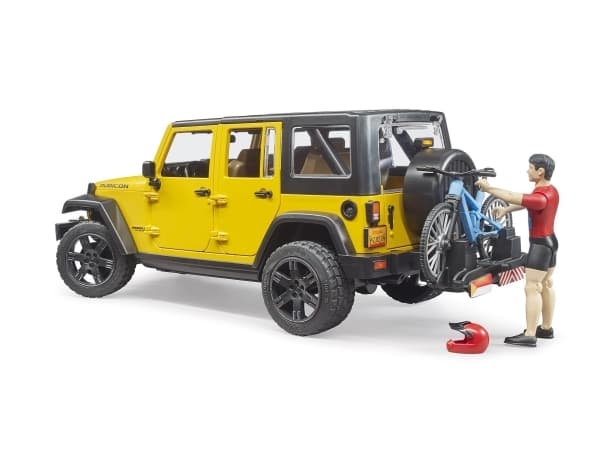 Bruder Jeep Wrangler Rubicon with mountainbike and cyclist toy car