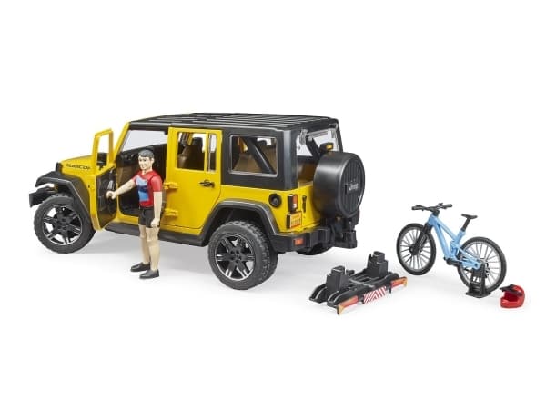 Bruder Jeep Wrangler Rubicon with mountainbike and cyclist toy car