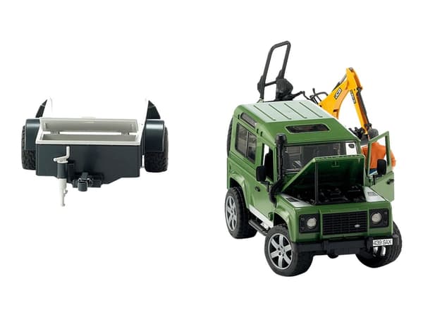 Bruder Land Rover Defender with trailer, JCB excavator and man toy