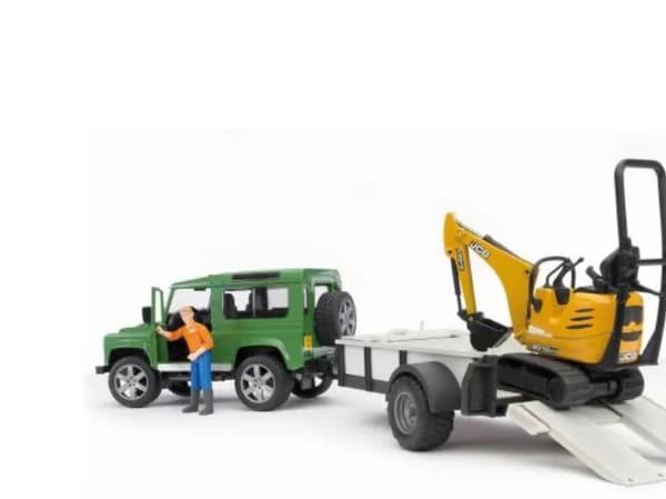 Bruder Land Rover Defender with trailer, JCB excavator and man toy