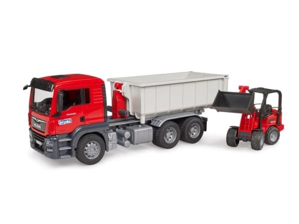Bruder MAN TGS Truck with roll off container & Schäffer yard loader toy