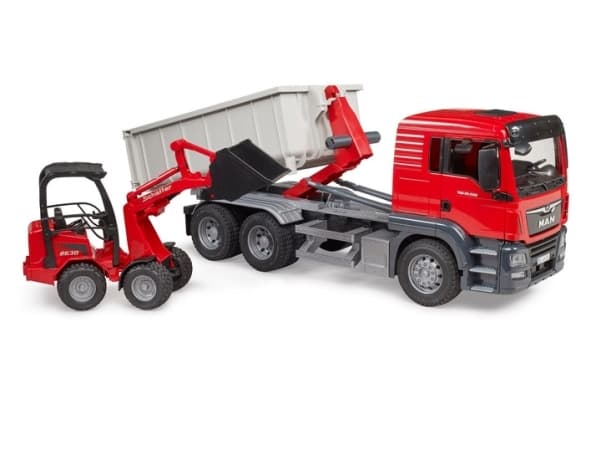 Bruder MAN TGS Truck with roll off container & Schäffer yard loader toy