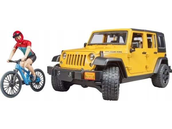 Bruder Jeep Wrangler Rubicon with mountainbike and cyclist toy car