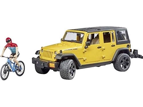 Bruder Jeep Wrangler Rubicon with mountainbike and cyclist toy car