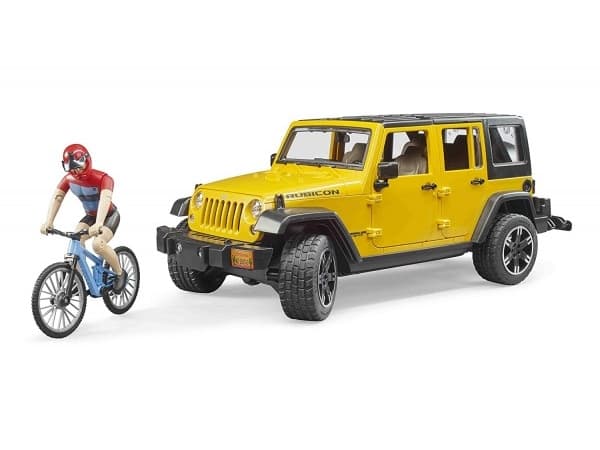 Bruder Jeep Wrangler Rubicon with mountainbike and cyclist toy car