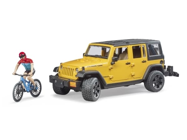 Bruder Jeep Wrangler Rubicon with mountainbike and cyclist toy car