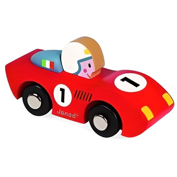Janod Story Racing Röd träbil - Träleksak för bebisar från 12 månader och uppåt