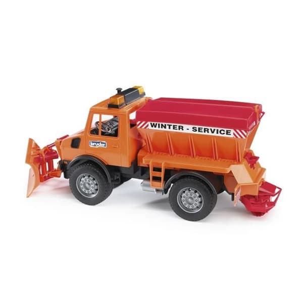 Snöplogsbil - BRUDER - 47 cm - Främre blad - Bakre saltautomat - Interiör