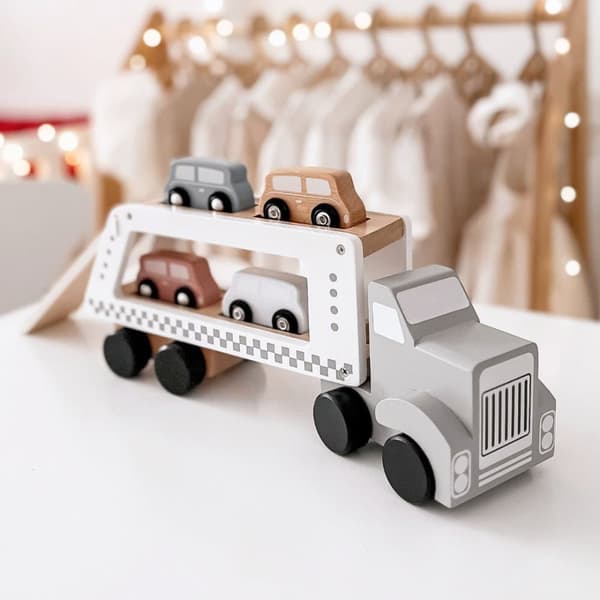 Mamabrum Puinen pakettiauto 4 ajoneuvolla, kuorma-auto 4 puuautolla, leluautot lapsille 3 vuotta, kuorma-auto perävaunulla: 13/8,5/33 cm